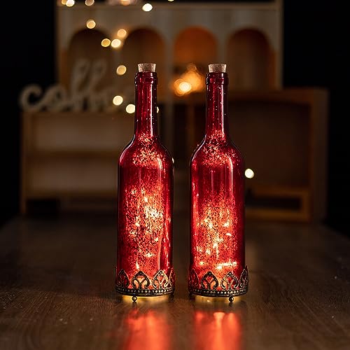 Jinfa 2er-Set Laternen Flaschenlichter mit batteriebetrieber LED-Lichterkette Stimmunglichter Dekoflasche Geschenk | Luxus Rot | Ø 8 cm × H 30cm von Jinfa