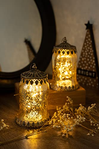 Jinfa 2er-Set Laternen Stimmunglichter mit batteriebetrieber LED-Lichterkette orientalische Zierde Tischdeko Geschenk | Glockenform | Königliches Gold | Ø 11 cm × H 19 cm von Jinfa