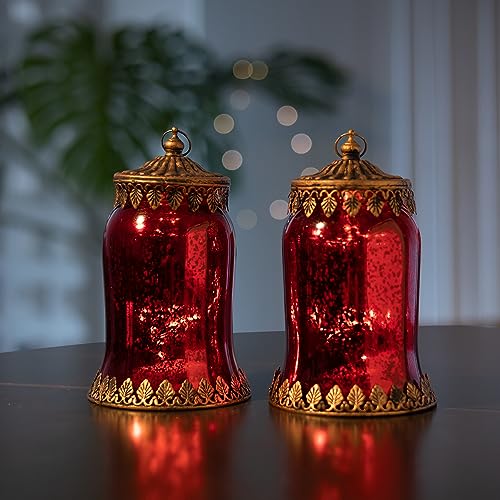 Jinfa 2er-Set Laternen Stimmunglichter mit batteriebetrieber LED-Lichterkette orientalische Zierde Tischdeko Geschenk | Glockenform | Luxus Rot | Ø 11 cm × H 19 cm von Jinfa