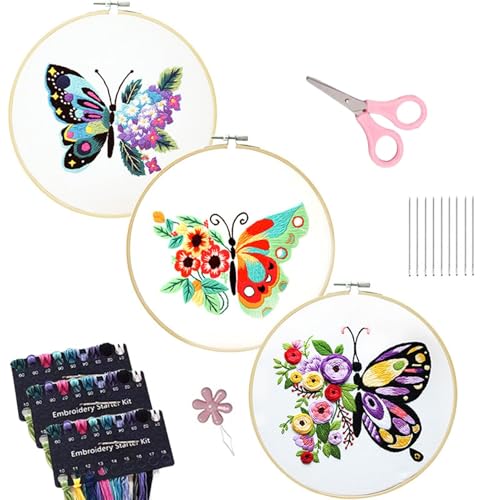 Blumennadel-Stickset, Blumen-Stickerei-Sets für Erwachsene | 3 x Tier-Flügelhand, für Formen | Strickstofffäden, gehäkeltes Häkelset von Jingmiger