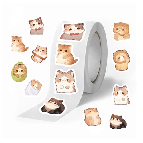 Cartoon-Katzen-Aufkleber-Rollen, Cartoon-Katzen-Aufkleber, Rollen für Kinder, Cartoon-Katzen-Motiv, 500 Stück, dekorative Katzenaufkleber von Jingmiger