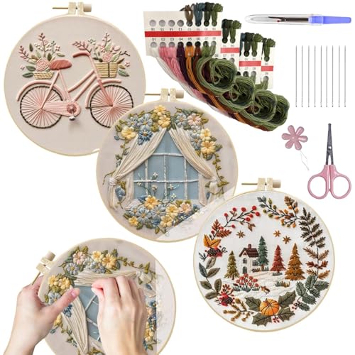 Kreuzstich-Kits für Erwachsene, Stickerei-Sets für Erwachsene, Anfänger-Stickset mit Reifen, Stick-Start-Set, buntes Hausstickerei-Set, Mai Stickbedarf von Jingmiger