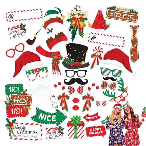 Zubehör-Set für Weihnachts-Fotografie, Weihnachtsfotografie, 38 x Weihnachtszeichen, Brillenrahmen mit Kleber und Stäben, Weihnachtshut, Zubehör zum Anbringen von Jingmiger