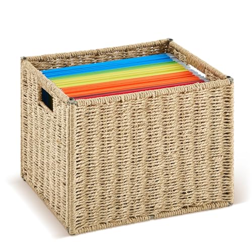 Jingmore Aktenbox aus Papierseil, faltbar, Briefgröße, gewebter Hängeregistraturkorb, tragbar, dekorative Dokumentendatei, Aufbewahrungsbox für Büro/Dekor/Zuhause (Briefgröße) von Jingmore
