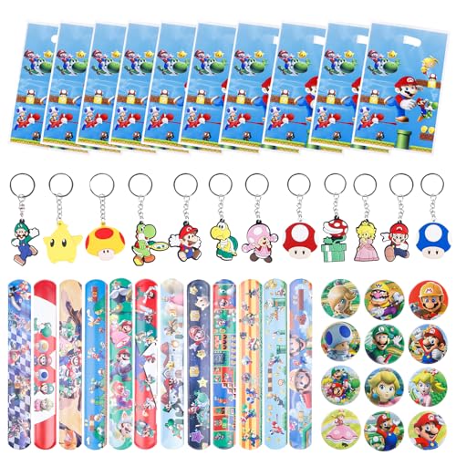 46 Stück Mario Party Mitgebsel, Kindergeburtstag Mitgebsel mit Slap Armband/Schlüsselanhänger/Anstecker/Geschenktüten, Geburtstag Mitgebsel Kinder für Cartoon, Kleine Geschenke für Jungen Mädchen von Jinhuaxin