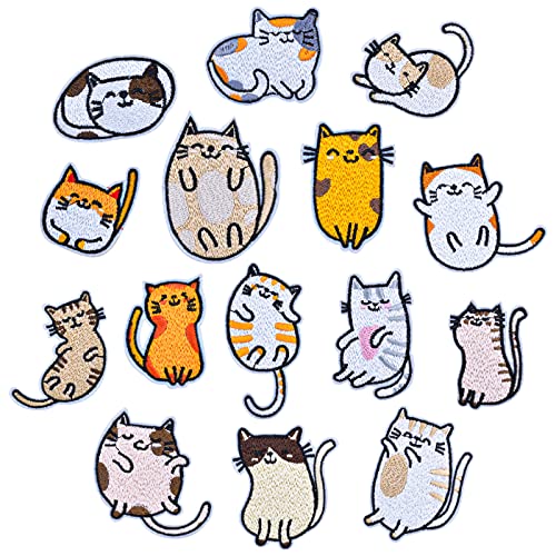 Jinlaili 15 Stück Patches Abzeichen Zum Aufbügeln, Niedlich Patch Sticker, Kätzchen Patch Stickerei, Eisen auf Gestickten Flicken Nähen, Tiere Aufnäher Bügelbild, Cartoon Applikation Aufbügler für DIY von Jinlaili