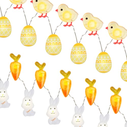 Jinlaili 2pcs 30 LED Osterdekoration Lichterkette (Bunny Karotte Lichterkette + Osterküken Lichterkette) 3m Kupferdraht Ostern Lichterketten, Batteriebetrieben, für Ostern Garten DIY Pary Home Decor von Jinlaili