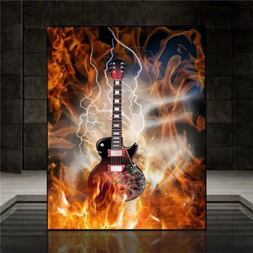 5D Diamond Painting Musik Set,Flammengitarre Diamant Painting Bilder Kit für Kinder Erwachsene Full DIY Strass Stickerei Diamond Art Painting Kit Wohnzimmer Büro Wand Dekoration Round Drill,40x60cm von Jinmer