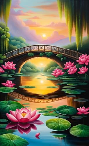 DIY Brücke Lotus Lake Diamond Painting Erwachsene,5D Diamant Painting Bilder für Anfänger,Round Drill Vollbohrer Diamanten Malerei Set Stickerei Kreuzstich Geschenke Home Wand Dekor 90x190 cm von Jinmer