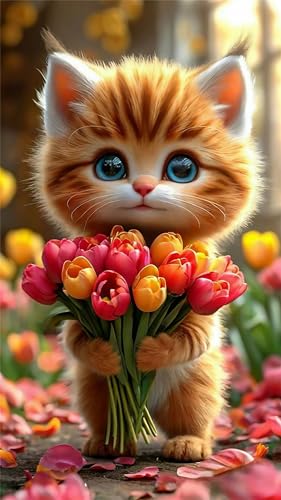 DIY Tulpe Blume Katze Diamond Painting Erwachsene,5D Diamant Painting Bilder für Anfänger,Round Drill Vollbohrer Diamanten Malerei Set Stickerei Kreuzstich Geschenke Home Wand Dekor 90x190 cm von Jinmer