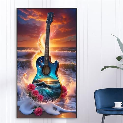 Diamond Painting Erwachsene Gitarre Blumen Meer 5D Diamant Painting Bilder Erwachsene Groß Diamond Painting Set DIY Full Drill Kreuzstich Bilder Diamant Malerei für Wohnzimmer Dekoration Rund,40x80cm von Jinmer