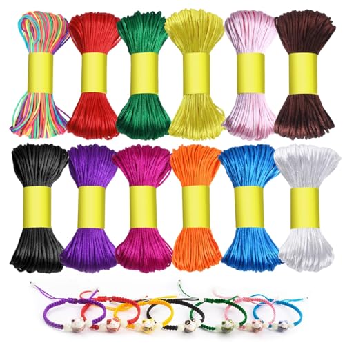 12 Stück Faden für Armbandherstellung, Premium-Satinschnur, 1,5 mm Makramee, chinesische Knotenschnur, 12 Farben, Seide, Freundschaftsarmband für Halskette, Armband, Schmuckherstellung, Perlenknoten von Jinsion