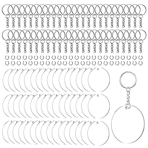 144 Stück Acryl Schlüsselanhänger Rohlinge Set, Acryl Transparent Kreis Set, mit 48 Acrylscheibe Rund mit Loch 5cm, 48 Schlüsselring mit Kette und 48 Biegeringe, für DIY Schlüsselbund Basteln von Jinsion