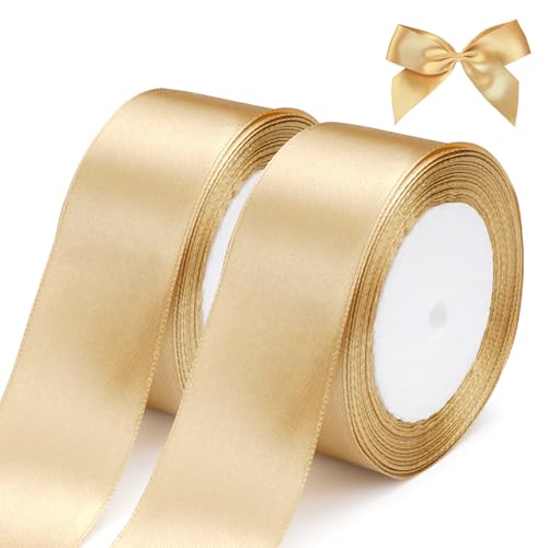 2 Rollen Geschenkband Gold Breit 40 mm, 44 Meters(50Yards) Schleifenband Gold,Satinband Elegant,Goldenes Band,Goldenes Geschenkband für Geschenkverpackungen, Floristen, Basteln, Nähen(22M/Rolle) von Jinsion