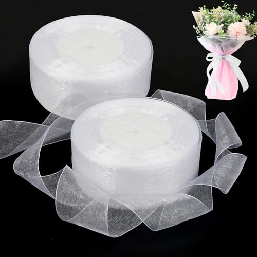 2 Rollen Organzaband Weiss, 45m X 4cm Organza Bänder, Schimmernd Schleifenband Breit, Transparent Geschenkband Weiß für Hochzeiten, Weihnachten, Thanksgiving, Geschenkverpackungen von Jinsion