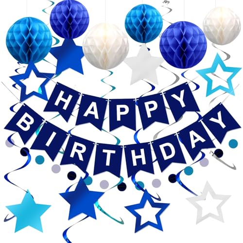 Happy Birthday Girlande Blau, Geburtstagsdeko Jungen, Geburtstag Deko Mann, Marineblau Happy Birthday Banner mit Wabenball, Stern Hängende Wirbel Streamer Kreis Punkt Girlande Dekroationen für Jungen Happy Birthday Girlande Blau, Geburtstagsdeko Jungen, Geburtstag Deko Mann, Marineblau Happy Birthday Banner mit Wabenball, Stern Hängende Wirbel Streamer Kreis Punkt Girlande Dekroationen für Jungen von Jinsion