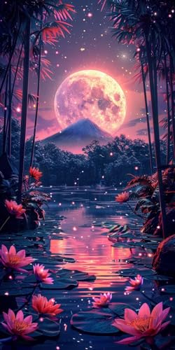 Diamond Painting Mond Diamant Painting Bilder Erwachsene Lotus Diamond Paintings Set, 5D Daiments Paintings Kinder, DIY Diamant Kunst Malerei Stickerei Basteln Mädchen, Zimmer Deko 100x200cm J2-14020 von Jinycoon