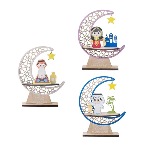 Jiqoe 3 Stück Stern Mond Tischdekoration Mondform Holz Ornament Eid Festival Tischschild für Mond Festival Eid Feier von Jiqoe