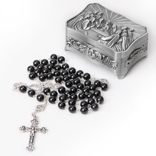Jirehjill Rosenkranz-Perlen, katholisch, für Damen und Herren, Italien, 8 mm, AAA+, natürlicher schwarzer Achat, Edelstein, Gebetsperlen. von Jirehjill