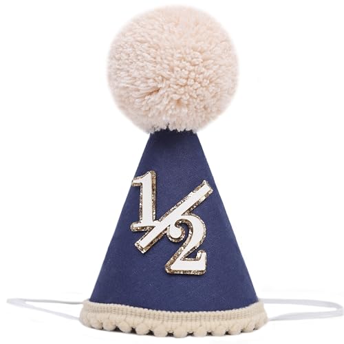 Marineblauer Hut für 1/2 Geburtstag – Dekoration für halbe bis 1 Geburtstag, dunkelblauer Kegelhut mit Bommel, einfache, rustikale 1/2-Bday-Krone, Foto-Requisiten, 6 Monate Cake Smash-Party-Dekoration von Jissoo