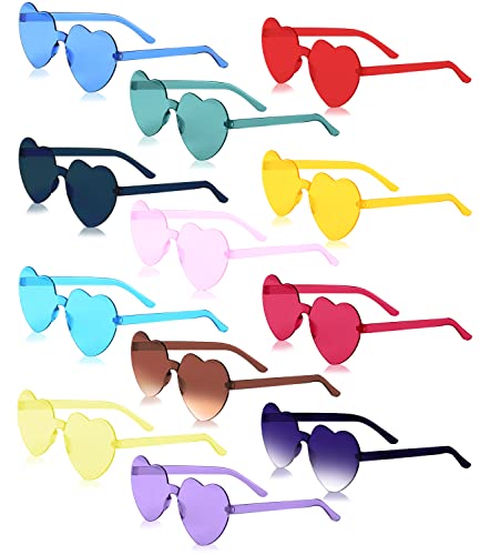 12 Stück Herz Brille,Randlose Herz Brille,Retro Party Sonnenbrille,Transparente Candy Color Sonnenbrille Hippie Kostüm Zubehör für Fasching Foto Requisiten Geburtstagsfeier für Kinder und Erwachsene von Jissta