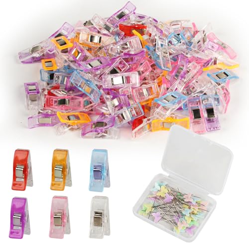 140 STK Nähklammern Stoffklammern zum Nähen, Nähzubehör, Kunststoff Nähclips Nähmaschinen Zubehör, Mehrzweck Mehrfarbig Sewing Clips für Quilting Nähen Stofffixieren, mit 40 STK Stoffnadeln von Jiujuda9