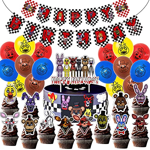FNAF Partyzubehör Geburtstagsparty-Dekorationsset, Fünf-Nächte-Spiel, Geburtstagsbanner, Luftballons, Kuchen, Cupcake-Aufsatz, Dekorationen für Kinder von Jiumaocleu