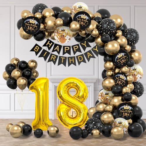 18 Geburtstag Dekorationen für Jungen - 18 Jahre Schwarz Gold Luftballons Bogen Kit mit Zahlenfolie & Konfetti Luftballons - Party Dekor für 18 Jahre alte Männer, Frauen & Jubiläum von Jiusely