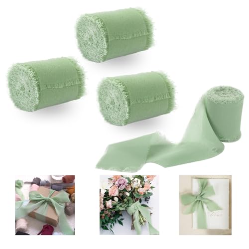 Jiusely Chiffonband-Set, Salbeigrün, 4 Rollen, Seidenband, hellgrün, handgefertigt, Fransen, Chiffonbänder für Geschenkverpackungen, Hochzeitseinladungen, Brautblumensträuße, Kuchen Jiusely Chiffonband-Set, Salbeigrün, 4 Rollen, Seidenband, hellgrün, handgefertigt, Fransen, Chiffonbänder für Geschenkverpackungen, Hochzeitseinladungen, Brautblumensträuße, Kuchen von Jiusely