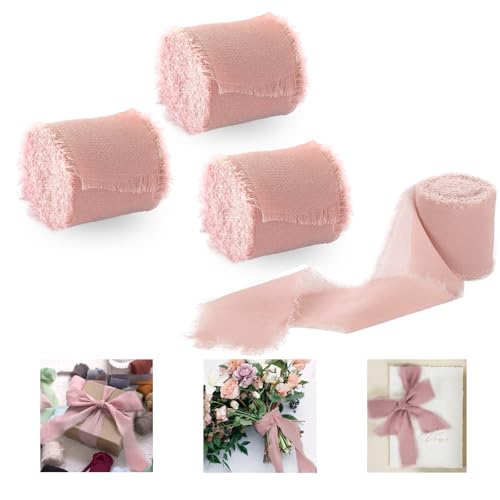 Jiusely Pinkes Chiffonband-Set, 4 Rollen, Seidenband, hellrosa, handgefertigt, Fransen Chiffonbänder für Geschenkverpackungen, Hochzeitseinladungen, Brautblumensträuße, Kuchen, Floristen-Dekorationen Jiusely Pinkes Chiffonband-Set, 4 Rollen, Seidenband, hellrosa, handgefertigt, Fransen Chiffonbänder für Geschenkverpackungen, Hochzeitseinladungen, Brautblumensträuße, Kuchen, Floristen-Dekorationen von Jiusely