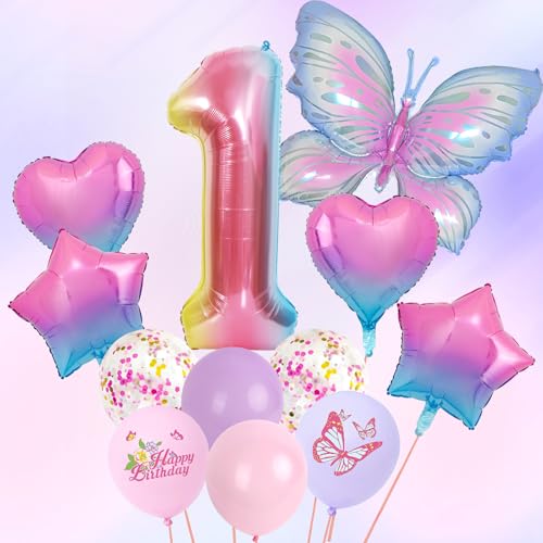 Lila Deko Geburtstag Mädchen, Lila Schmetterling Folienballons 12 Stück 12 Zoll Pastell Lila Rosa Luftballon Zahl 1 Luftballon Geburtstagsdeko Mädchen Set für 1 Jahre Mädchen Geburtstag Deko Babyparty von Jiusely