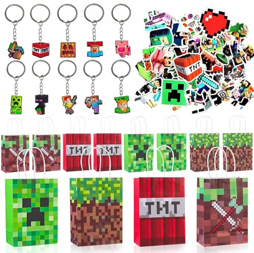 Jiuwtence 72 teiliges Spieleparty-Set, Gastgeschenke für Kinder, 12 Geschenktüten, 10 Schlüsselanhänger, 50 Videospiel-Aufkleber, Party-Zubehörset zum Thema Kinderspiele von Jiuwtence