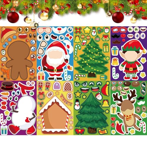 Jlkegfdf Weihnachtsaufkleber Gesichter | 8 x selbstgemachte Weihnachtsfiguren-Aufkleber, Urlaubsaufkleber für Kinder ab 4 Jahren, Weihnachtsaufkleber von Jlkegfdf