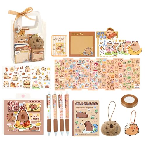 Capybara Schreibwaren-Set – lustiges Schreibzubehör, niedliche Haftnotizen, Stifte, Aufkleber, Aufbewahrungstasche, Schulbedarf für Kinder, Studenten, Studium, Hausaufgaben, kreatives Journaling von Jlobnyiun