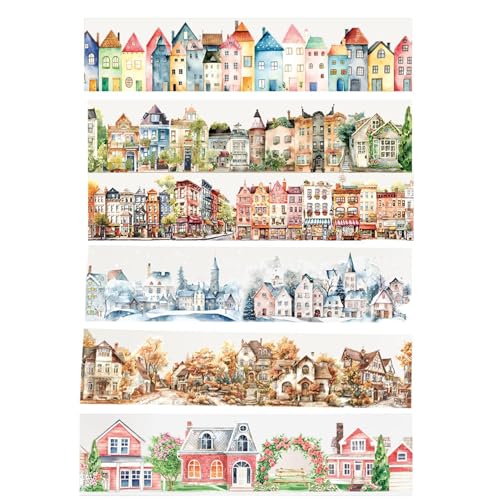 Scrapbook Town Tape – Malerischer Aufkleber, wasserdichter Klebestreifen, Bastelbedarf, 6 x dekoratives Klebeband mit Stadtmotiv für Sammelalben und Kunstkreationen von Jlobnyiun