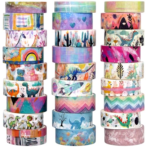 Jniseger Washi Tape Set 27 Rolls.Nettes Dinosaurier farbiges dekoratives Band für Kinder, Klebeband für Journaling, Scrapbooking Zubehör, DIY Handwerk, Junk Journal, Schulbedarf von Jniseger