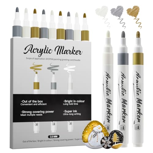 Jnyan Acrylstifte Marker, 9er Pack Acrylmarker, 2-3mm Mittelspitze, Weiß Gold Silber Farbstifte für Kunstprojekte, Zeichnen, Steinmalerei, Holz, Kunststoff, Metall, Leinwand DIY Bastelarbeiten Jnyan Acrylstifte Marker, 9er Pack Acrylmarker, 2-3mm Mittelspitze, Weiß Gold Silber Farbstifte für Kunstprojekte, Zeichnen, Steinmalerei, Holz, Kunststoff, Metall, Leinwand DIY Bastelarbeiten von Jnyan