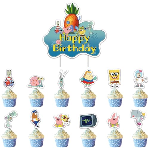 Schwamm Tortendeko 49 Stück Kuchen Deko Cake Topper Cupcake Topper für Kinder, Mädchen, Jungen Geburtstagskuchendekoration von JoUbi
