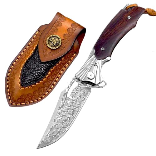 Joa Damast Taschenmesser, Premium Klappmesser mit Lederscheide, Damaszener Klein Messer Tanto, Damaststahl Klinge, Holzgriff, Outdoor EDC Messer, Multi Jagdmesser, Einhandmesser Joa Damast Taschenmesser, Premium Klappmesser mit Lederscheide, Damaszener Klein Messer Tanto, Damaststahl Klinge, Holzgriff, Outdoor EDC Messer, Multi Jagdmesser, Einhandmesser von Joa