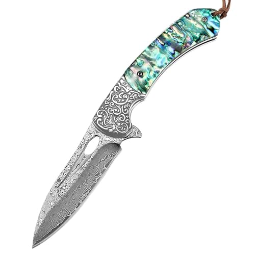 Joa Klappmesser Bunt Damast Taschenmesser aus Damaststahl Muschel Damaszener Klein Outdoor edc messer Survival Jagdmesser scharfer Einhandmesser/clip,Geschenk für Männer von Joa