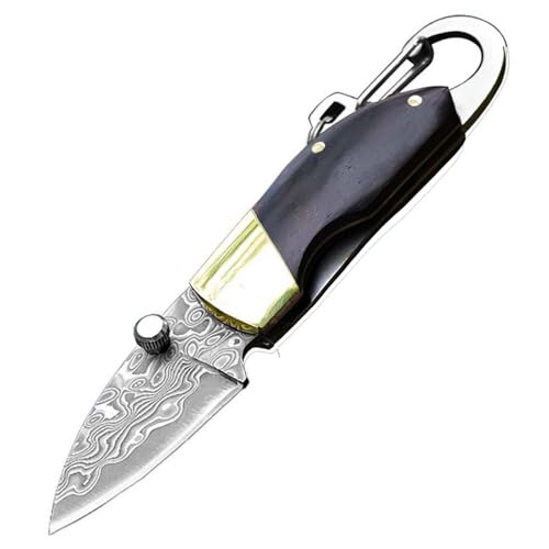 Joa Klappmesser Damast Taschenmesser aus Damaststahl Ebenholz Damaszener Klein Outdoor edc messer Survival Mini schlüsselanhänger Hals messer Neck knife Scharfes Multitool,Geschenk für Männer von Joa