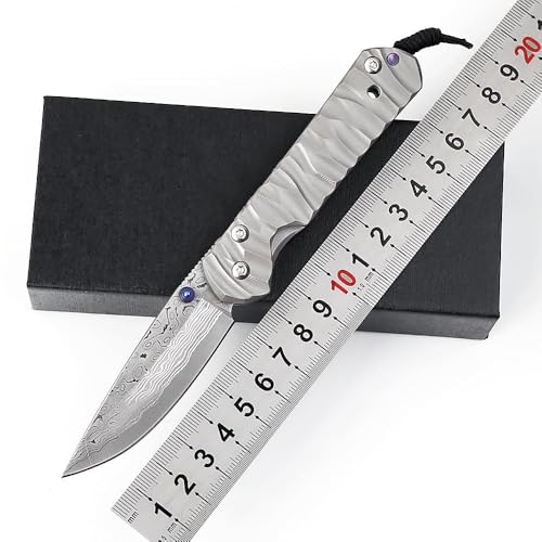 Joa Klappmesser Damast Titan Taschenmesser aus Damaststahl Premium Damaszener Klein Outdoor edc messer Survival Jagdmesser scharfer Einhandmesser/clip,Geschenk für Männer von Joa