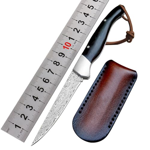 Joa Klappmesser hochwertige tragbar Damast Taschenmesser aus damaststahl Damaszener Ebenholz, Outdoor messer Survival edc Jagdmesser scharfes einhandmesser/lederscheide,geschenk für männer von Joa