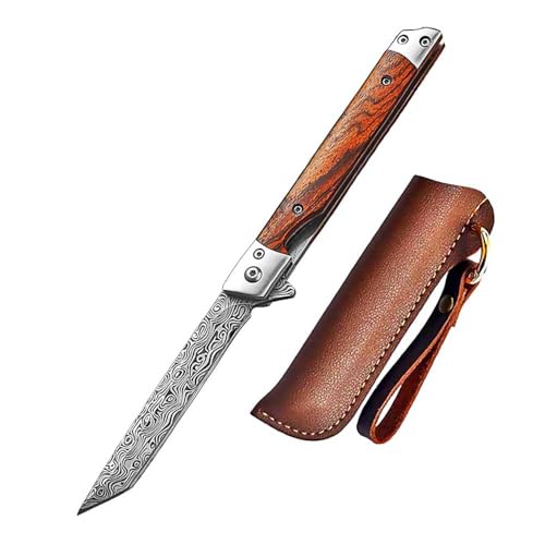 Joa Taschenmesser leicht mit Holzgriff, Klappmesser slim scharfes, Muster stahl messer, klein einhandmesser, EDC Messer Outdoor, Schlüsselanhänger Messer wandern, Neck knife tanto mit Scheide von Joa