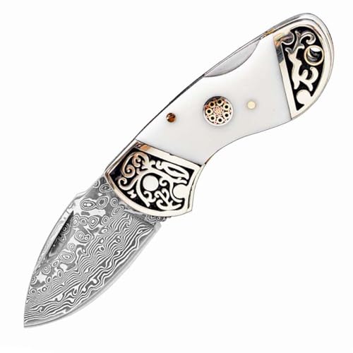 Klappmesser 4.5" Taschenmesser Geschmiedet Aus Damaszener Damaststahl & Rinderknochen, Klein Outdoor Messer Survival Jagdmesser, Scharfes Einhandmesser, Damastmesser, Mini EDC Messer Neck Knife, Weiß von Joa