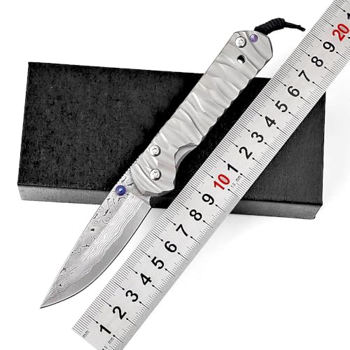 Klappmesser 6.6" Damast Taschenmesser aus Titan Robust & Damaszener Damaststahl Premium, Kleines edc messer scharfes einhandmesser, Damaskus Geschmiedet Stahl Messer Outdoor Edc Survival Jagdmesser von Joa
