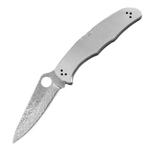 Klappmesser 8.8" Taschenmesser Damast Geschmiedet Aus Damaszener Damaststahl & Edelstahl, Outdoor Messer Survival Jagdmesser, Scharfes Einhandmesser, Damastmesser, Slim EDC Messer Neck Knife, Silber von Joa