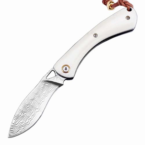 Kleines handliches werkzeug stahl messer scharf rutschfest Weiß Survival Camping outdoor messer edc Jagdmesser Damaskus Taschenmesser Damast Klappmesser knochen damaststahl Damaszener taktische messer von Joa