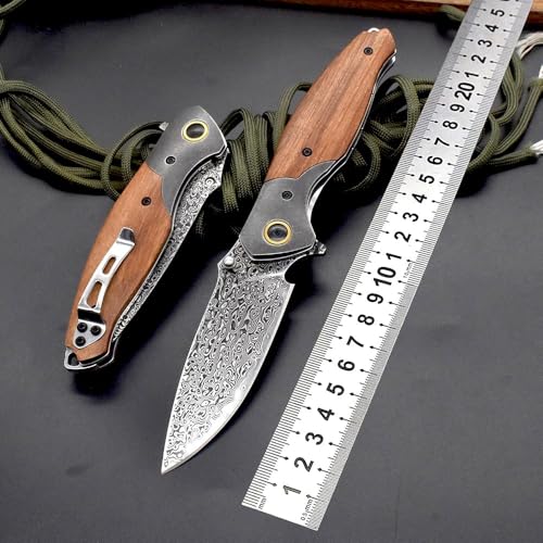 Taschenmesser Damast Hochwertig Sammeln Klappmesser Aus Damaszener Damaststahl Holzgriff mit clip, Dalbergia, 8.5cm Klinge, Outdoor Edc Messer Survival Jagdmesser, Damaskus Geschmiedet, Einhandmesser von Joa