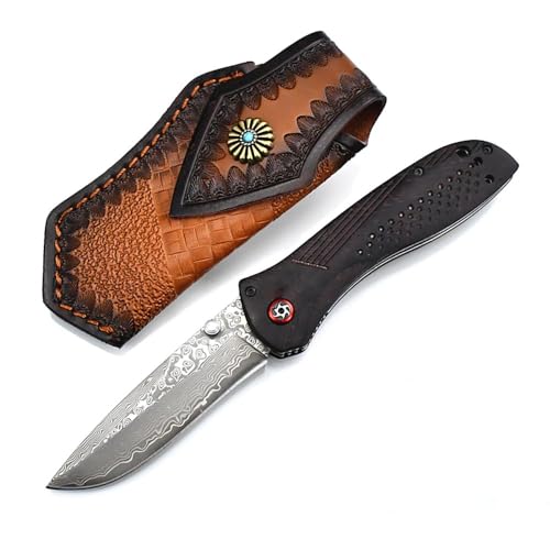Taschenmesser Damast Sammeln Klappmesser Aus Damaszener Damaststahl Holzgriff mit Axislock, Dalbergia, 9.2cm Klinge, Outdoor Edc Messer Survival Jagdmesser, Damaskus Geschmiedet, Einhandmesser/Holster von Joa